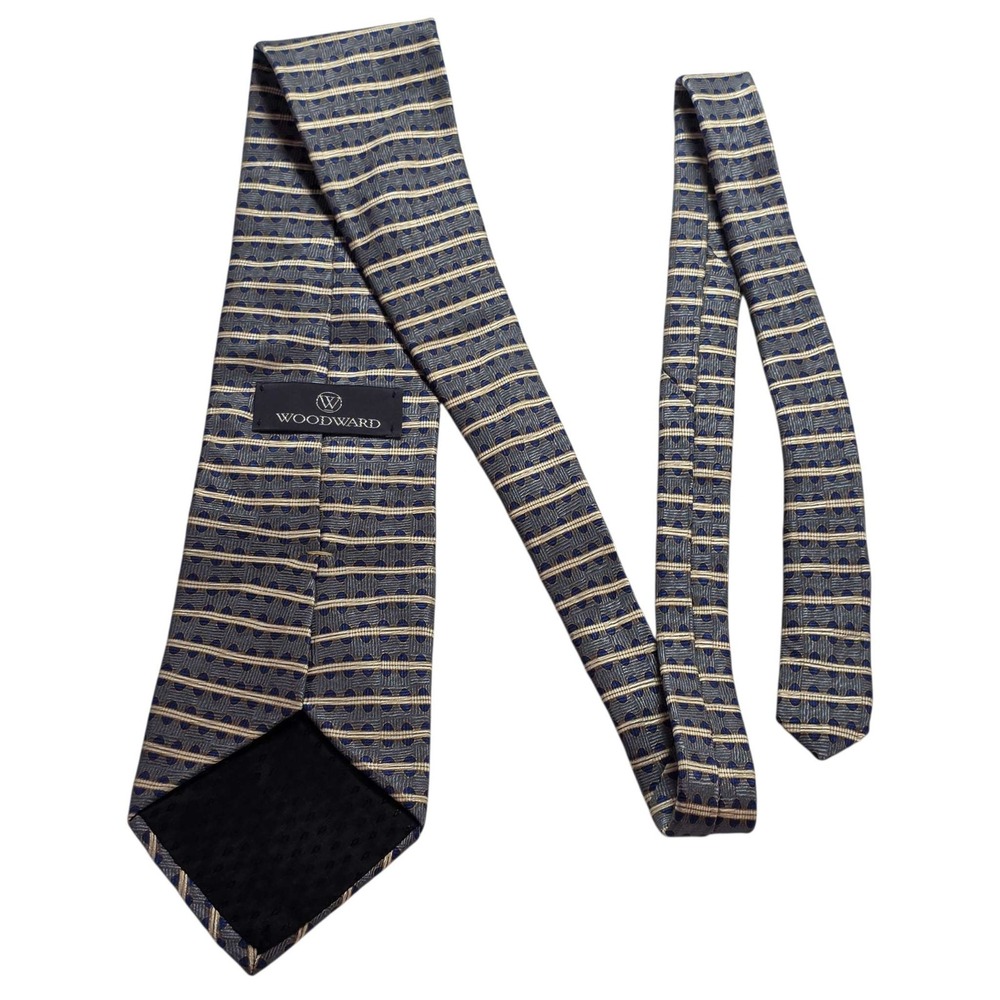 WOODWARD Silk Geometric Striped Necktie Blue Gold Tan Standard Length Business
